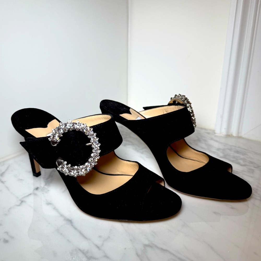 Jimmy Choo black suede mules with C rhinestone detail